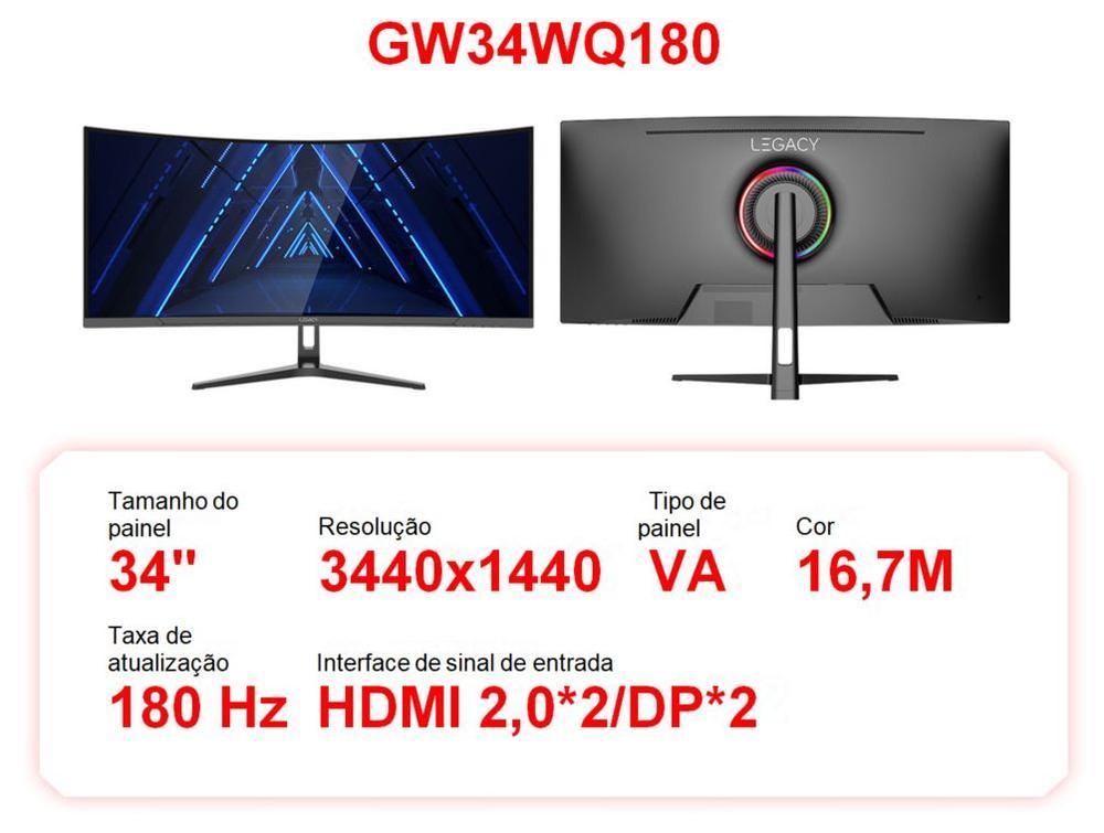 Monitor Gamer Curvo 34" 180Hz 1ms Full HD R1500 Legacy GW34WQ180 2 HDMI 2 DisplayPort Freeysnc G-sync - 2