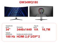 Monitor Gamer Curvo 34" 180Hz 1ms Full HD R1500 Legacy GW34WQ180 2 HDMI 2 DisplayPort Freeysnc G-sync - 2