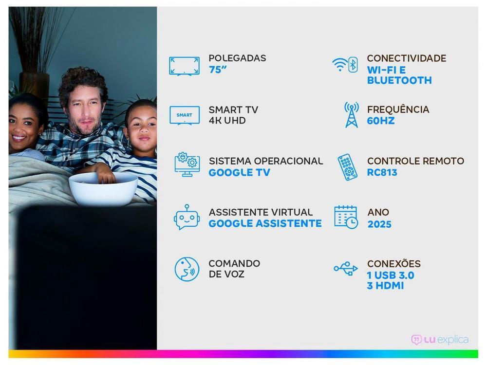 Smart TV 75" TCL 4K UHD QLED 75P7K Google TV AiPQ Google Assistente 3 HDMI 1 USB - 2