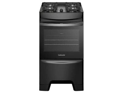 Fogão 4 Bocas Continental Preto Mesa de Vidro, Forno Eco Turbo e Grades Ferro Fundido FC4GB