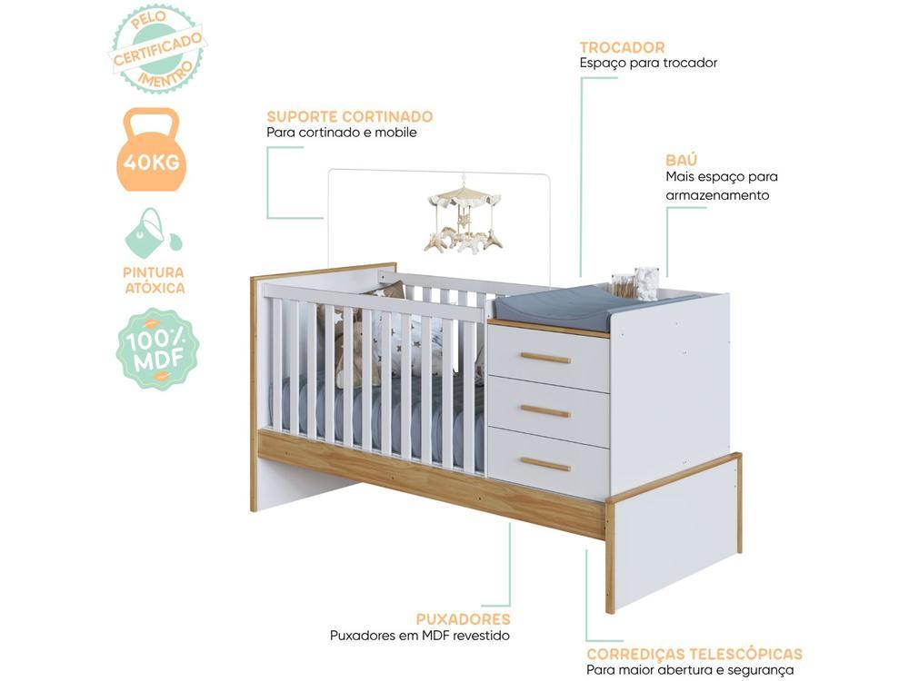 Berço 4 em 1 Branco e Amêndoa Moveis Peroba Confort Multi - 7