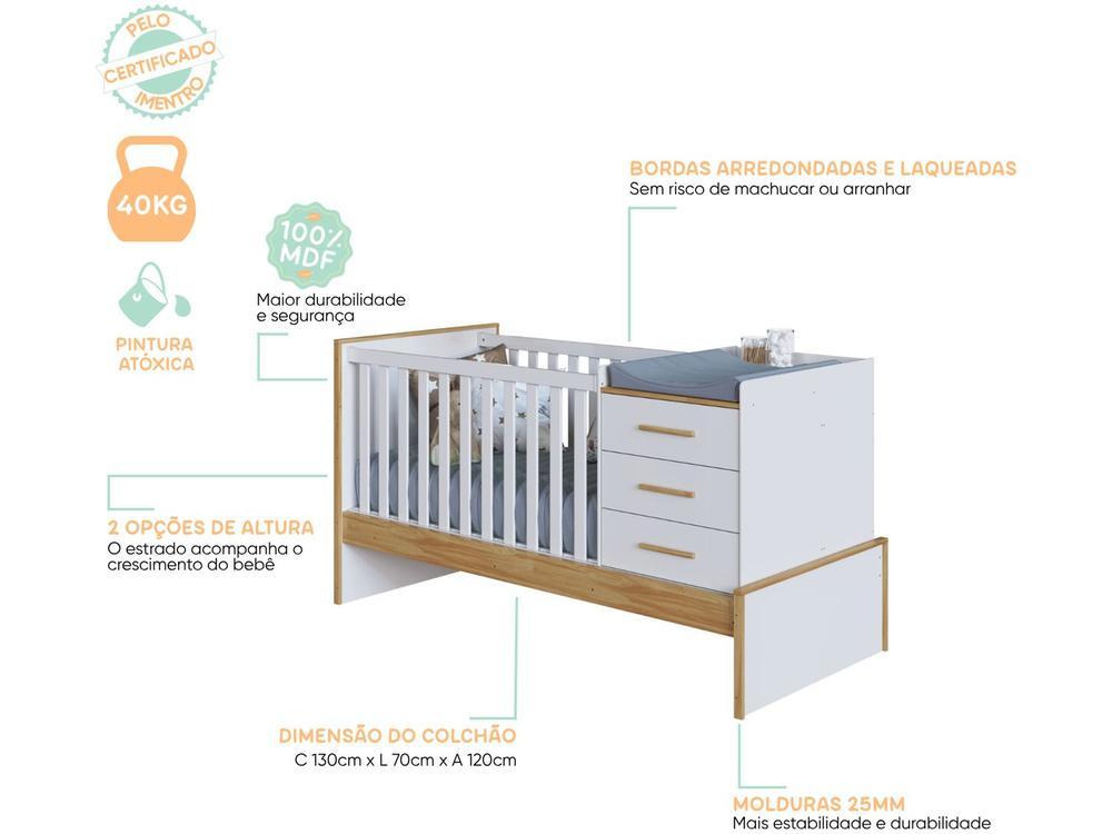 Berço 4 em 1 Branco e Amêndoa Moveis Peroba Confort Multi - 8