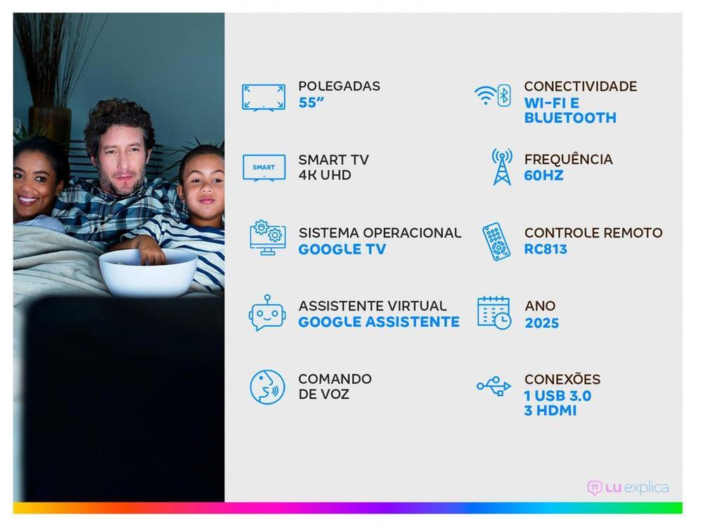 Smart TV 55" TCL 4K UHD QLED 55P7K Google TV AiPQ Google Assistente 3 HDMI 1 USB - 2