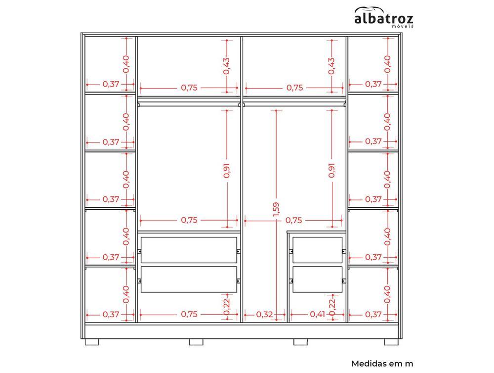 Guarda-roupa Casal 4 Gavetas 6 Portas Móveis Albatroz Deville - 4