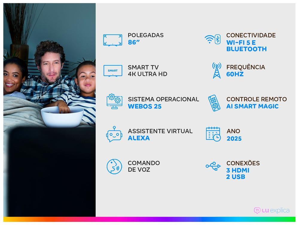 Smart TV 86" LG 4K Ultra HD NANO 86NANO80ASA webOS 25 α7 AI Processor 4K Gen8 Alexa 3 HDMI 2 USB - 2