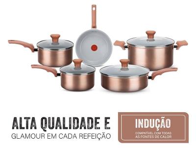 Jogo de Panelas Rochedo Cerâmico de Alumínio Rose Gold Fundo Triplo 5 Peças Ceramic