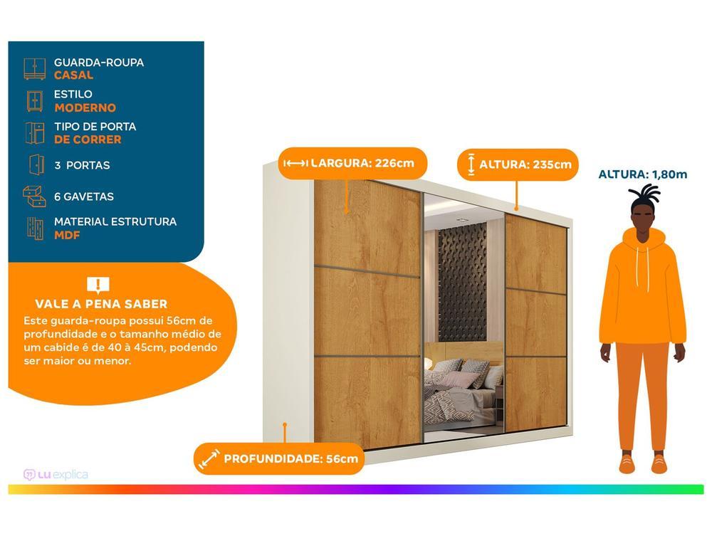Guarda-roupa Casal com Espelho 6 Gavetas 3 Portas de Correr Móveis Europa Bragança - 2