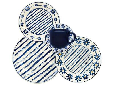 Aparelho de Jantar e Chá 20 Peças Biona Redondo de Cerâmica Azul Donna 24 Margaridas