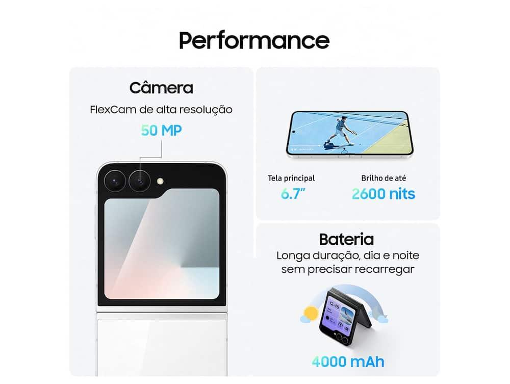 Smartphone Samsung Galaxy Z Flip7 FE 256GB Branco 5G  8GB RAM Tela  6,7" Câm. Dupla + Selfie 10MP - 3