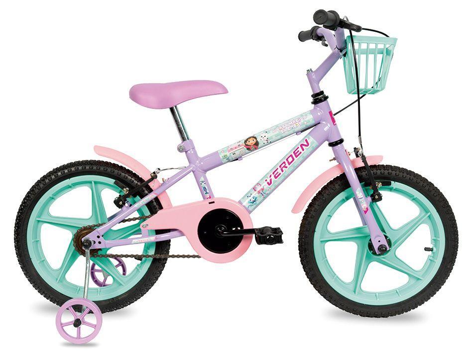 Bicicleta Infantil Aro 16 Verden 10511 A Casa Mágica da Gabby Lilás e Verde com Rodinhas Freio V-Brake - 1