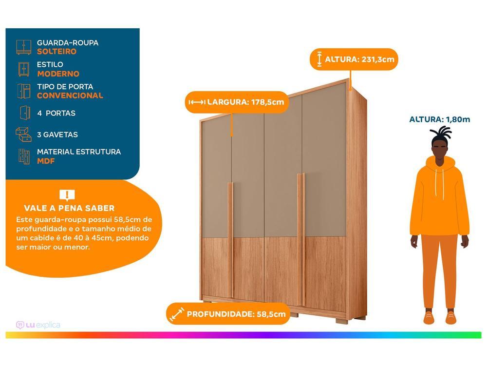 Guarda-roupa Solteiro 3 Gavetas 4 Portas Caemmun Francis - 2