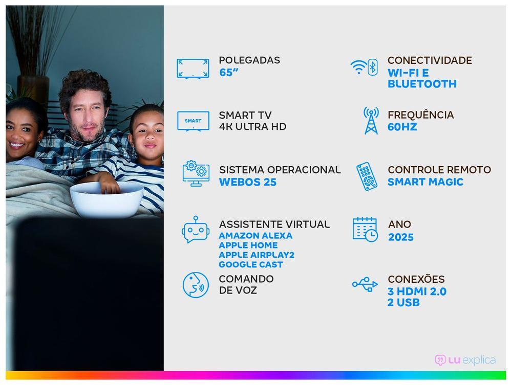 Smart TV 65" LG 4K QNED 65QNED70ASA WebOS 25 α7 AI Processor 4K Gen8 Alexa 3 HDMI 2 USB - 2