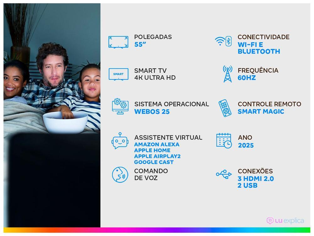 Smart TV 55" LG 4K QNED 55QNED70ASA WebOS 25 α7 AI Processor 4K Gen8 Alexa 3 HDMI 2 USB - 2