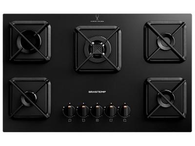 Cooktop 5 Bocas a Gás GLP Brastemp Mesa de Vidro Chama Simmer Preto Acendimento Superautomático BDS75AE