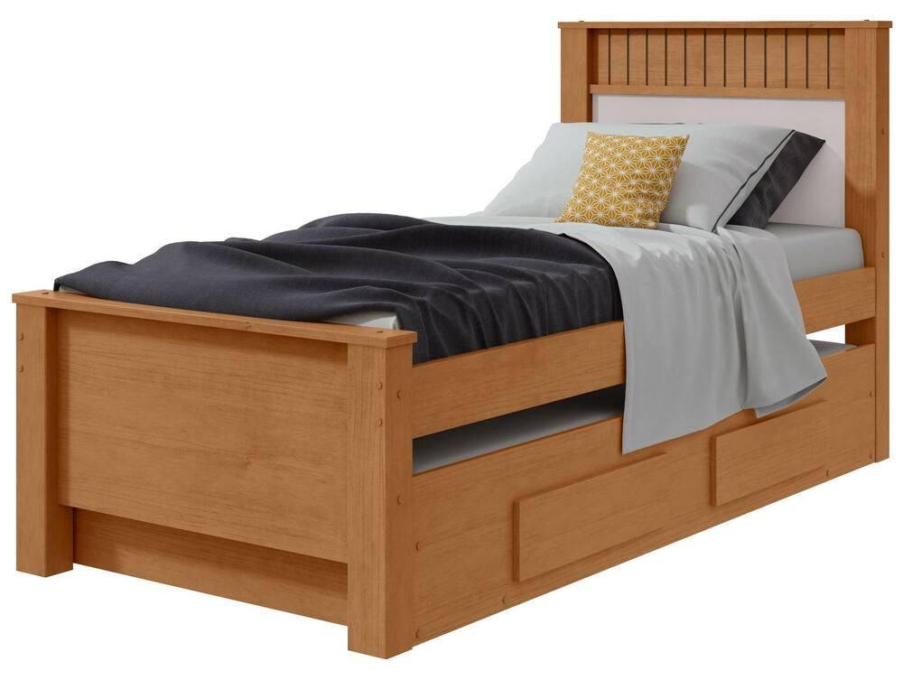 Cama de Solteiro com Cama Auxiliar 2 Gavetas Móveis Lopas Athenas Amêndoa Clean e Off White - 1