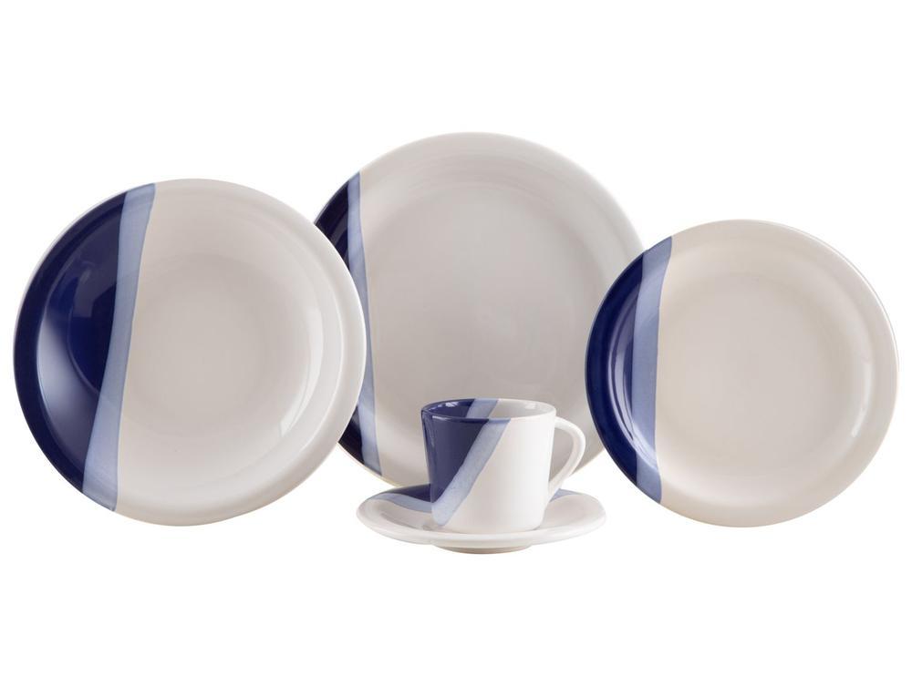 Aparelho de Jantar e Chá 20 Peças Cerâmica Brasilia Redondo Branco e Azul Cobalto Atual - 3