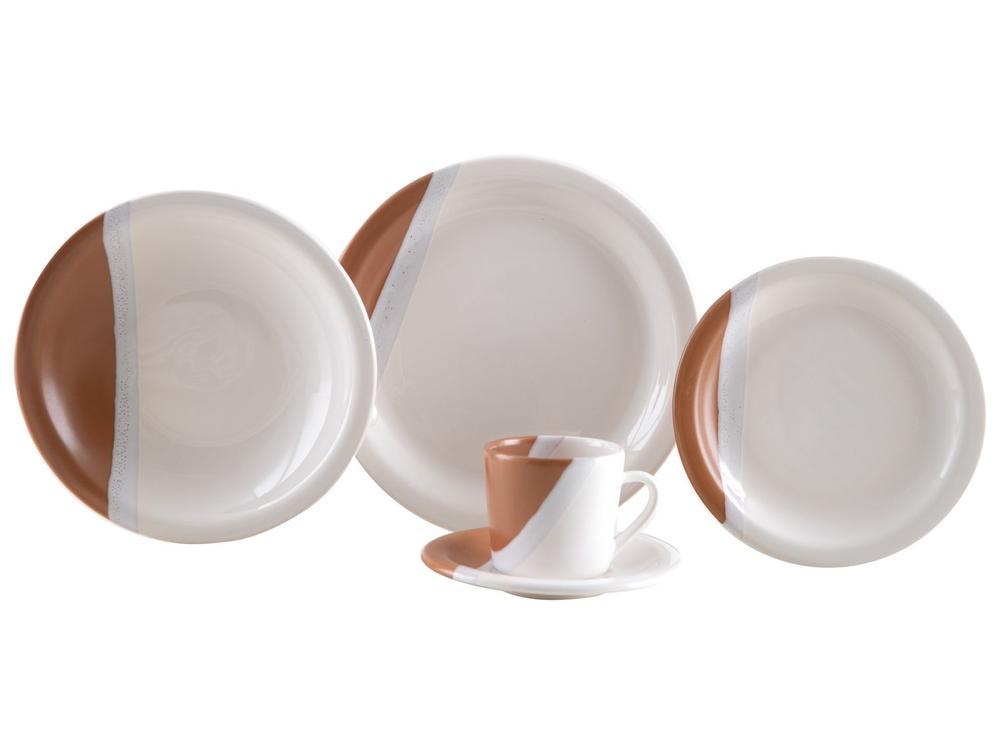 Aparelho de Jantar e Chá 20 Peças Cerâmica Brasilia Redondo Branco e Chocolate Atual - 3