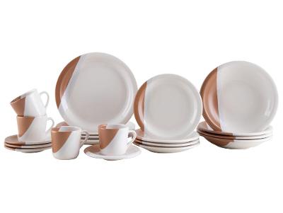 Aparelho de Jantar e Chá 20 Peças Cerâmica Brasilia Redondo Branco e Chocolate Atual