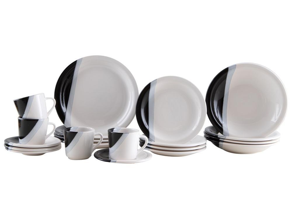 Aparelho de Jantar e Chá 20 Peças Cerâmica Brasilia Redondo Branco e Preto Atual - 1