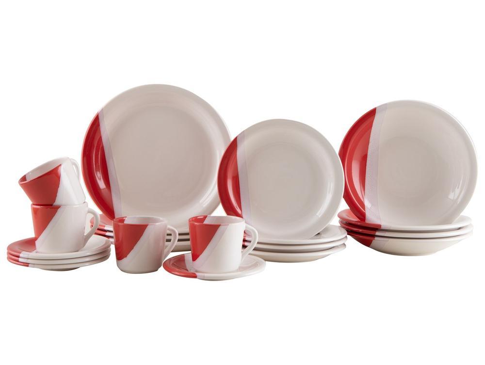 Aparelho de Jantar e Chá 20 Peças Cerâmica Brasilia Redondo Branco e Vermelho Atual - 1