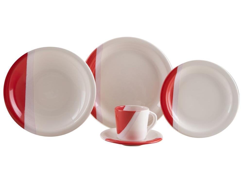 Aparelho de Jantar e Chá 20 Peças Cerâmica Brasilia Redondo Branco e Vermelho Atual - 3