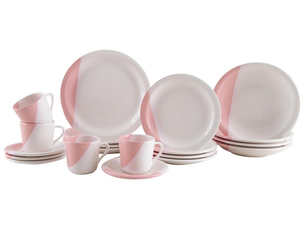 Aparelho de Jantar e Chá 20 Peças Cerâmica Brasilia Redondo Branco e Rosa Atual - 1