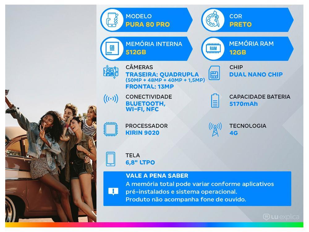 Smartphone Huawei Pura 80 Pro 512GB 12GB RAM Preto Câm. Quádrupla + Selfie 13MP - 2