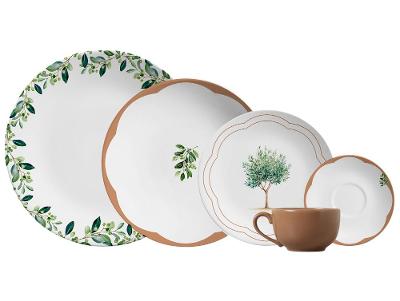 Aparelho de Jantar e Chá 30 Peças Alleanza Redondo Cerâmica Faiança Branco e Marrom Oliveira