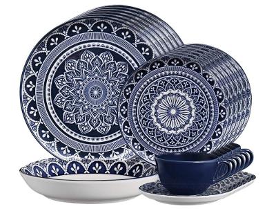 Aparelho de Jantar e Chá 30 Peças Oxford Redondo Cerâmica Azul e Branco Flat Málaga