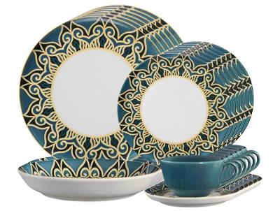 Aparelho de Jantar e Chá 30 Peças Oxford Redondo Cerâmica Verde-turquesa e Dourado Flat Gálata