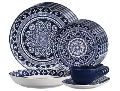 Aparelho de Jantar e Chá 20 Peças Oxford Redondo Cerâmica Azul e Branco Flat Málaga