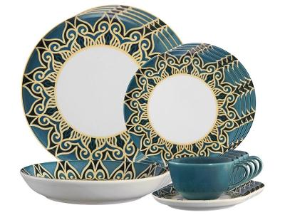Aparelho de Jantar e Chá 20 Peças Oxford Redondo Cerâmica Verde-turquesa e Dourado Flat Gálata