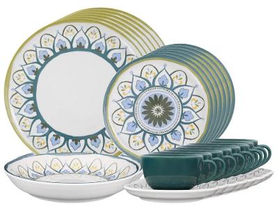 Aparelho de Jantar e Chá 30 Peças Oxford Redondo Cerâmica Azul claro, Verde oliva e Amarelo Flat Nisa