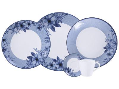 Aparelho de Jantar 20 Peças Tramontina Redondo de Porcelana Branco e Azul Lavínia