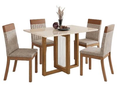 Mesa de Jantar 4 Cadeiras 4 Lugares Retangular Cinamomo Off White Caramelo e Creme Móveis Henn Nathalí