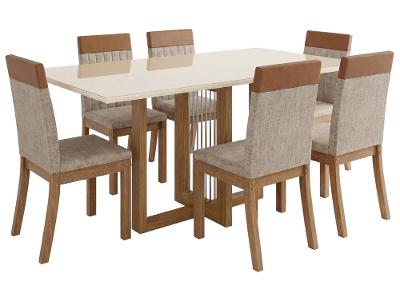 Mesa de Jantar 6 Cadeiras 6 Lugares Retangular Cinamomo Off White Caramelo e Creme Móveis Henn Nathalí