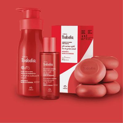 Kit Natura Morango e Baunilha Dourada: Creme 400ml + Sabonetes 5un + Óleo Corporal 120ml