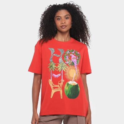 Camiseta Farm Media Hohoho Vermelho Salvador Feminina