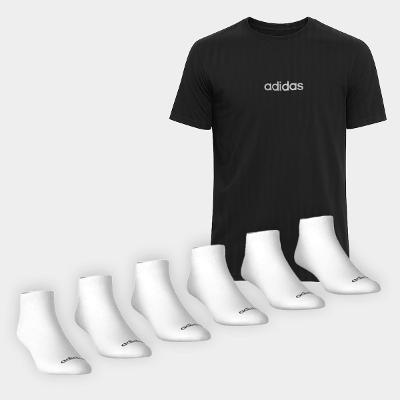 Kit Meia Adidas Cano Baixo C/6  + Camiseta Adidas Logo Linear Masculina