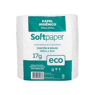 Papel Higiênico Reciclado 300 metros Folha Simples 8 Rolos 17g | Softpaper Eco