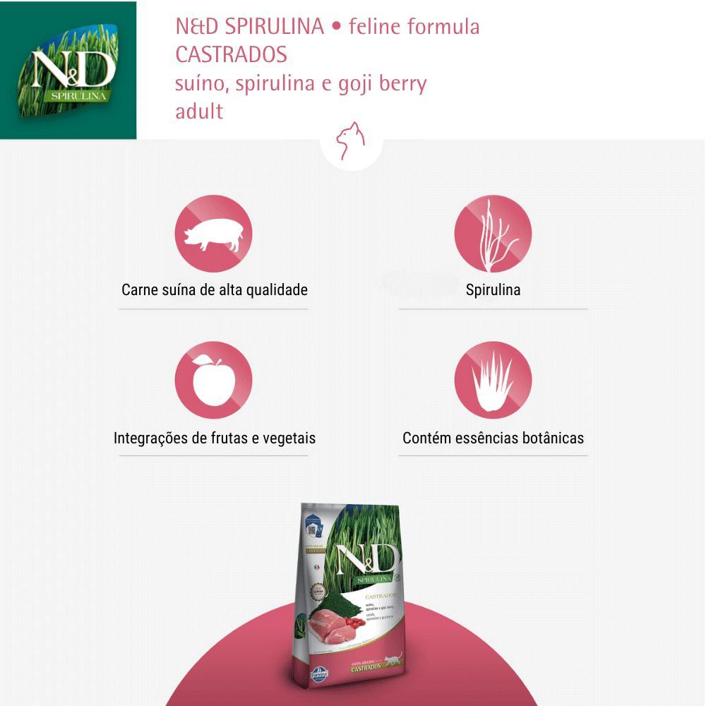 Ração N&amp;D Spirulina Gatos Adultos Castrados Suíno - 6