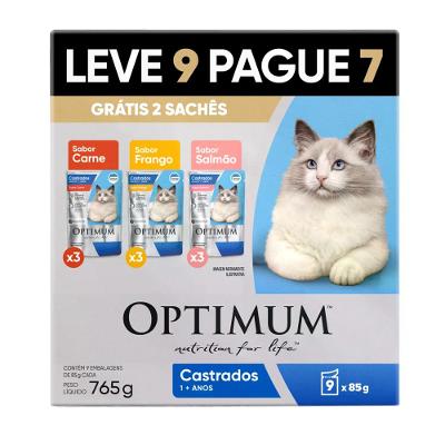 Ração Úmida Optimum Sachê Gatos Adultos Castrados Carne, Frango e Salmão