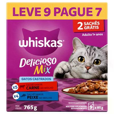 Ração Úmida Whiskas Sachê Gatos Adultos Castrados Carne e Peixe