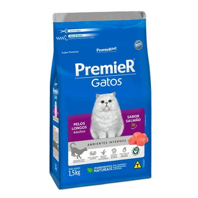 Ração Premier Ambientes Internos Gatos Adultos Pelos Longos Salmão
