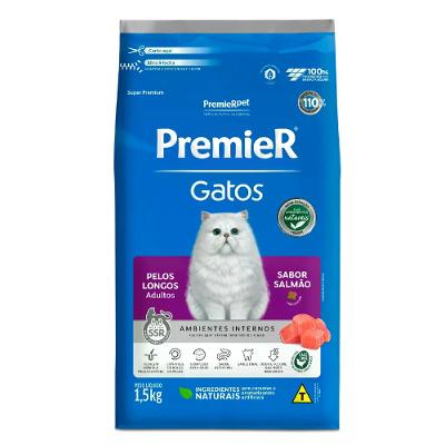 Ração Premier Ambientes Internos Gatos Adultos Pelos Longos Salmão