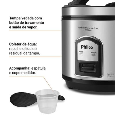 Panela de Arroz Elétrica Philco 6 Xícaras Inox 400W PPA06A