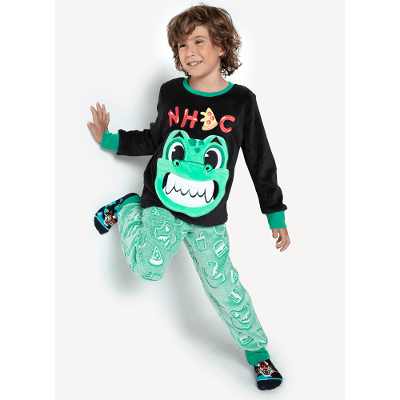 Pijama Manga Longa Soft Menino Dino Food - Brilha no Escuro