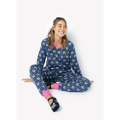 Pijama Manga Longa Feminino Viscolycra Premium Família Guaxinim
