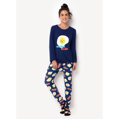 Pijama Manga Longa Feminino Viscolycra Família de Bacon a Vida