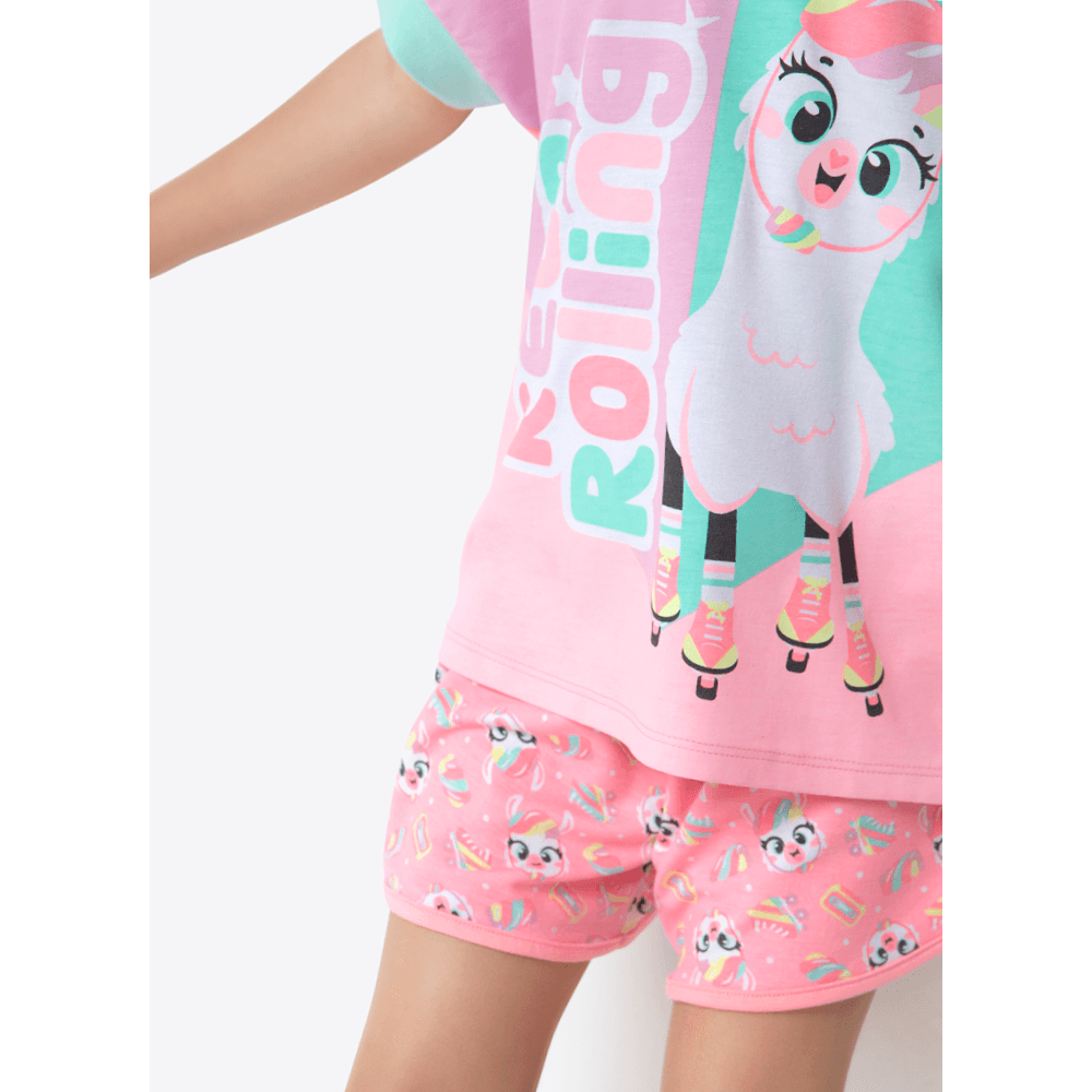 Pijama Manga Curta Viscolycra Menina Lhama Retrô - 3